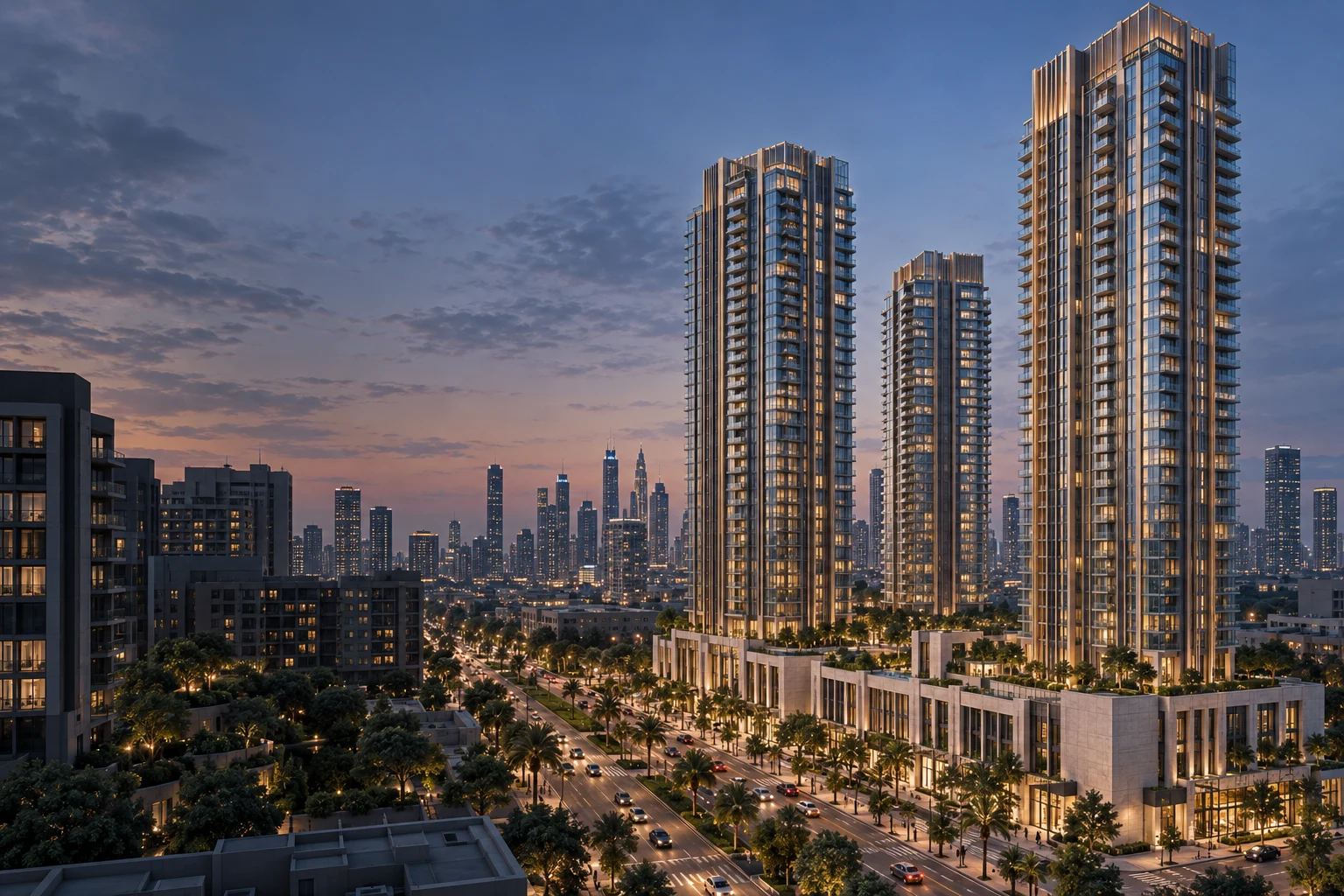 Architectural concept of a new residential tower development in an urban district